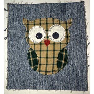 Handmade Applique Patch Raw-Edge Homespun Plaid on Denim Baby Owl Quilting Craft